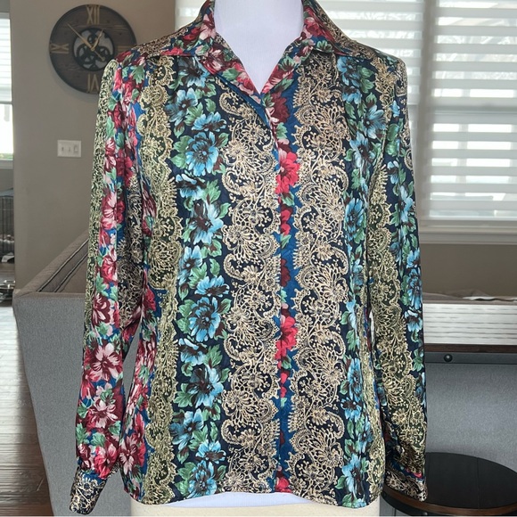 Notations Tops - Vibrant Vintage Notations Blouse Size 8 Button Up Colorful 80’s Satin Top Shirt
